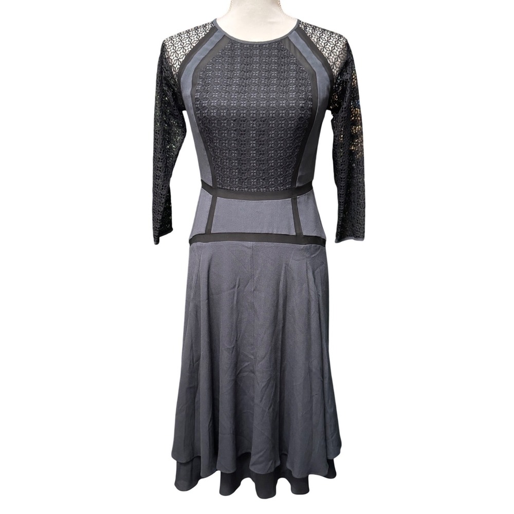 Diane von Furstenberg DVF Grey Silk Trim Lace Panel Midi Dress 514757D385 - Picture 1 of 10